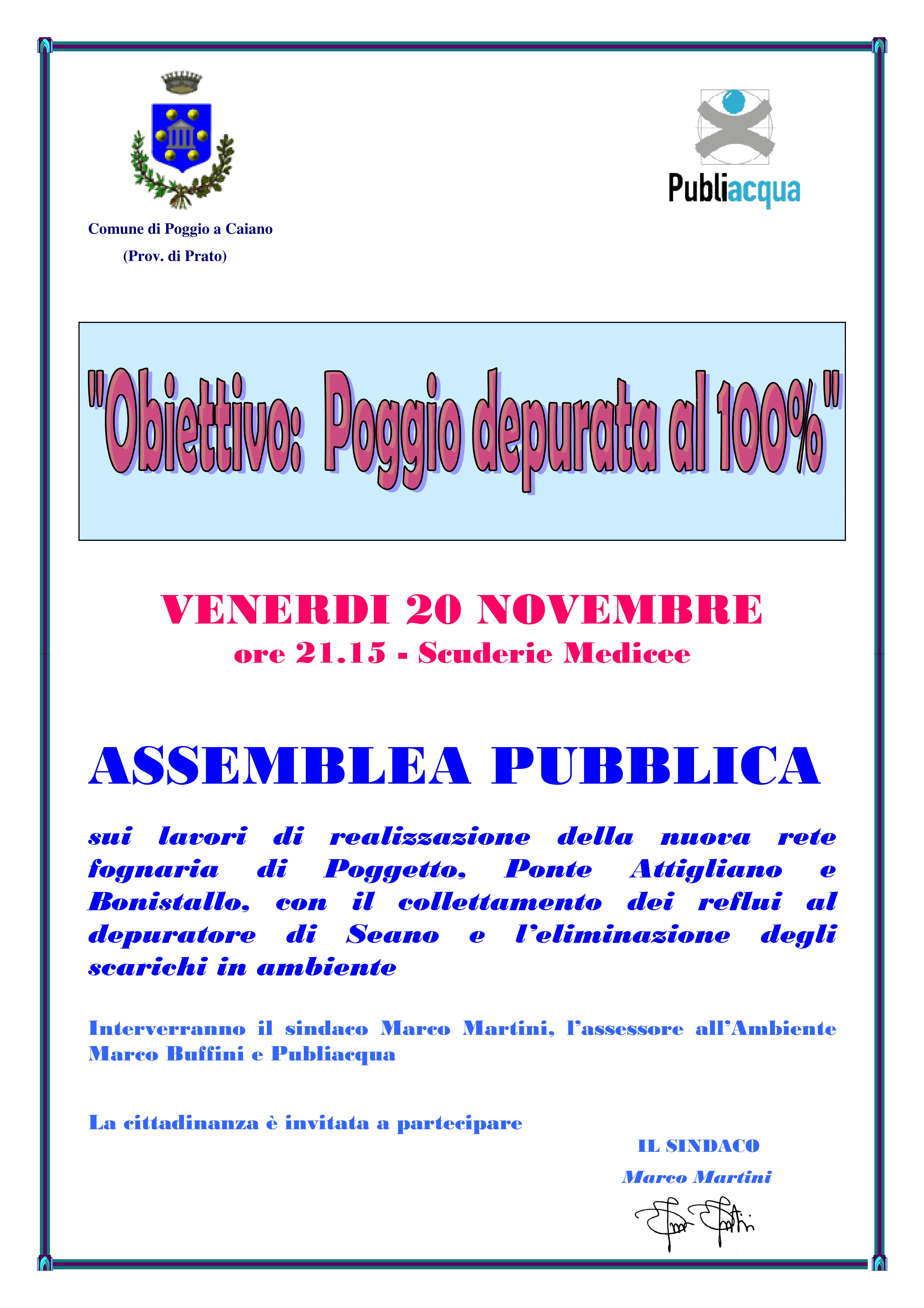 Locandina dell'assemblea pubblica Obiettivo: Poggio depurata al 100 percento